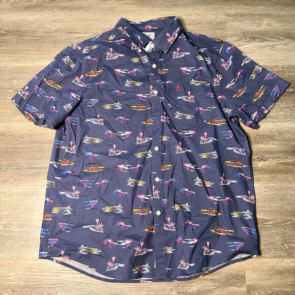 Penguin Button Down Shirt Boats Ocean Lake Blue Size Large NEW - Picture 1 of 7